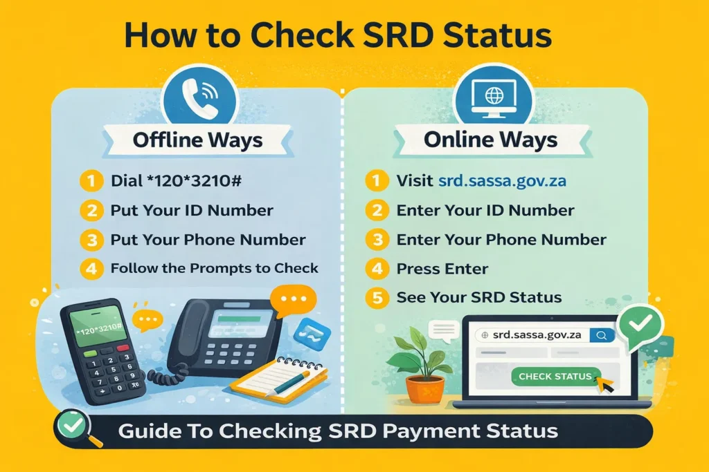 SASSA Status Check & SRD 370 Grant Update 2026 3 Offline and Online Ways to check SRD Status Infographic