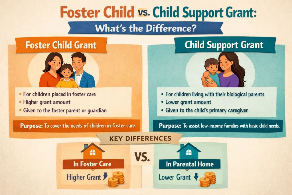 Child Support Grant Update 2026: New Payment Amount, Eligibility Changes and What Families in South Africa Should Expect 3 Foster Child Grant vs Child Support Grant Infographic