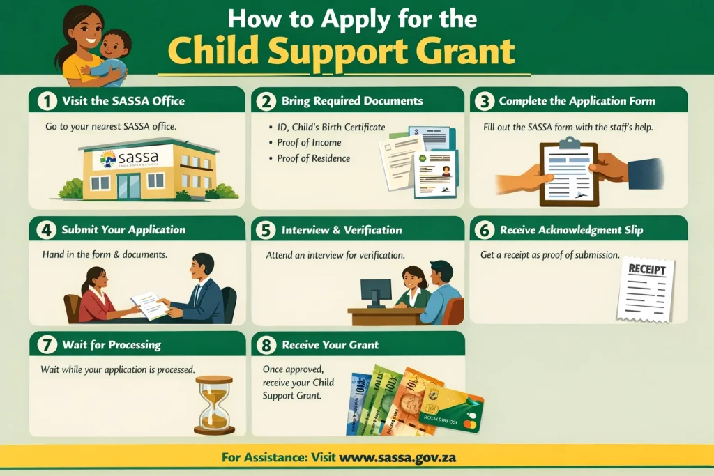 Child Support Grant Update 2026: New Payment Amount, Eligibility Changes and What Families in South Africa Should Expect 4 Apply for the Child Support Grant Process Image